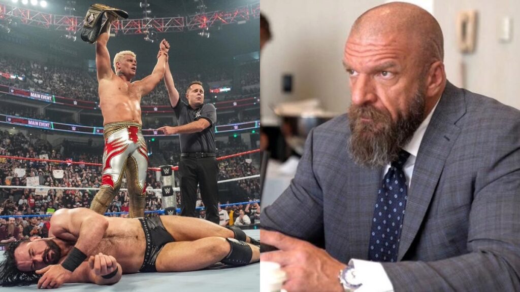 Cody Rhodes after beating Drew McIntyre at WWE Saturday Night's Main Event with Triple H