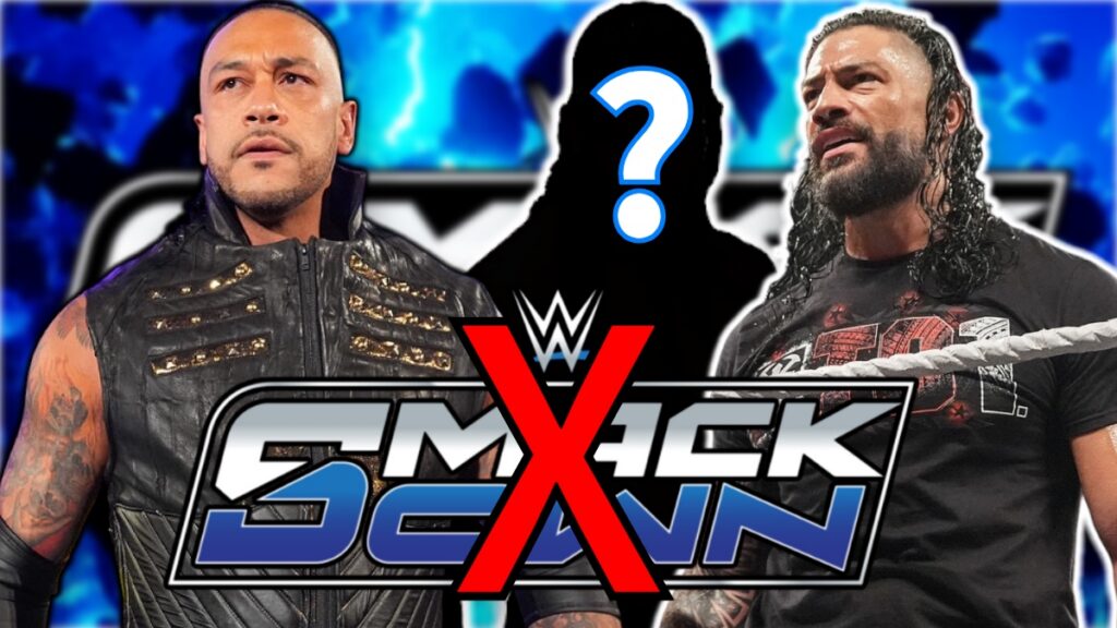 Damian Priest and Roman Reigns with WWE SmackDown logo