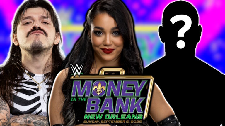 WWE Money in the Bank logo, Roxanne Perez and Dominik Mysterio