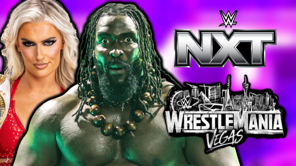 WWE NXT and WrestleMania logos, Oba Femi and Blake Monroe