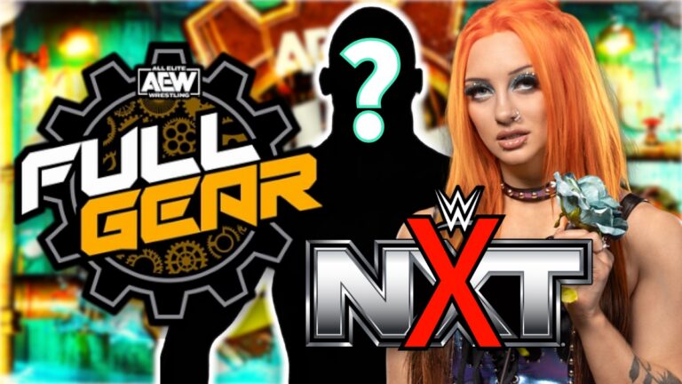 AEW Full Gear and WWE NXT logos with Priscilla Kelly