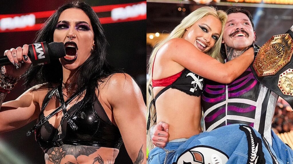 WWE's Rhea Ripley next to Liv Morgan and Dominik Mysterio