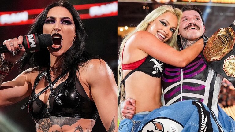 WWE's Rhea Ripley next to Liv Morgan and Dominik Mysterio