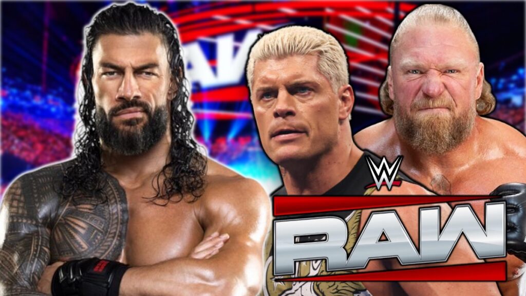 Roman Reigns with WWE Raw logo, Cody Rhodes and Brock Lesnar