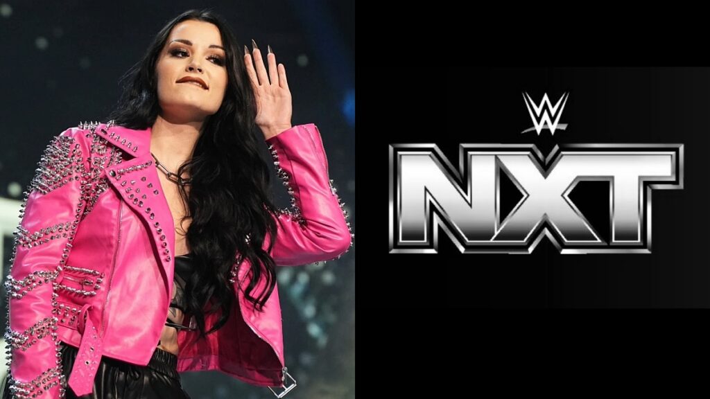 AEW's Saraya next to the WWE NXT logo