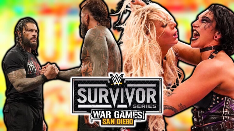 WWE Survivor Series logo, Roman Reigns, Jey Uso, Charlotte Flair and Rhea Ripley
