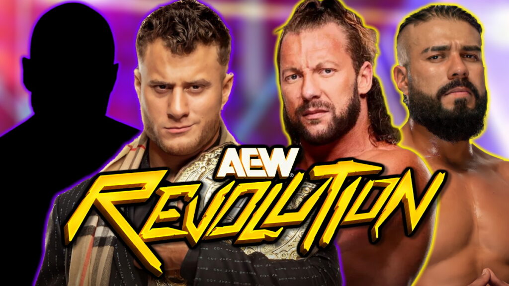 AEW Revolution logo with Kenny Omega, Andrade El Idolo and MJF