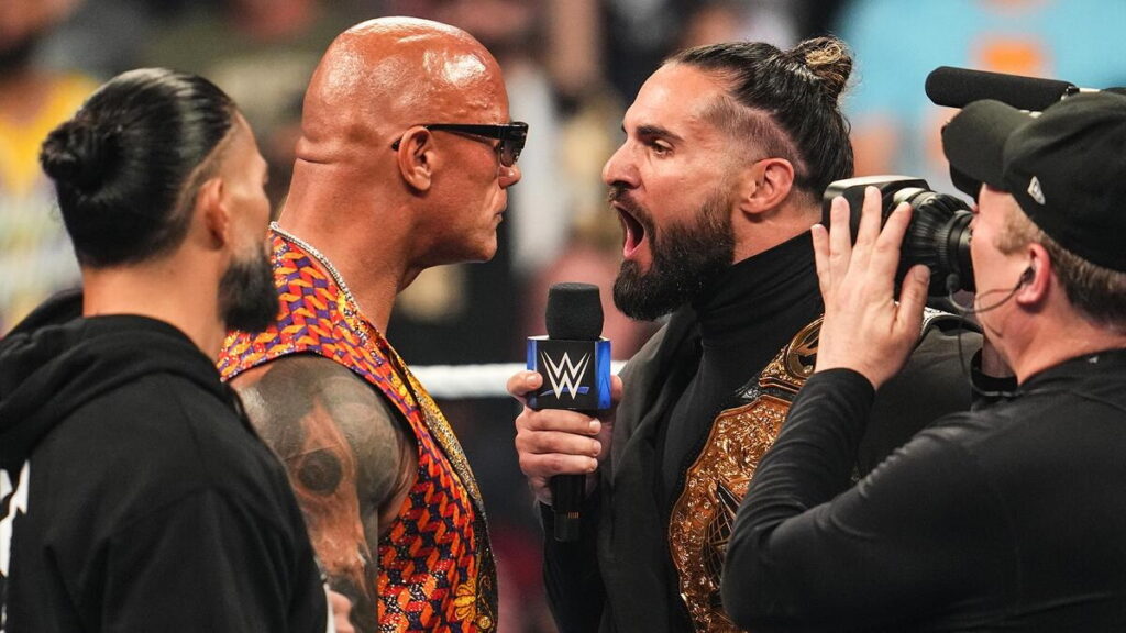 WWE stars The Rock, Roman Reigns and Seth Rollins