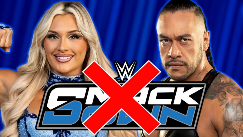 WWE SmackDown logo next to Tiffany Stratton and Damian Priest