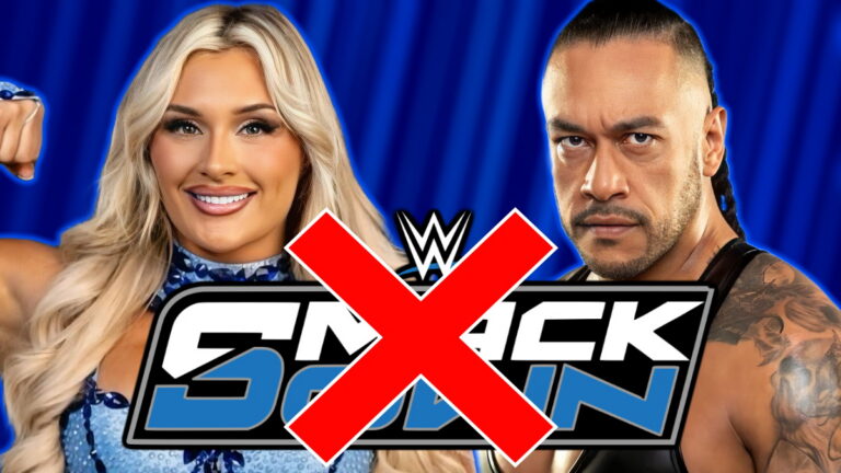 WWE SmackDown logo next to Tiffany Stratton and Damian Priest
