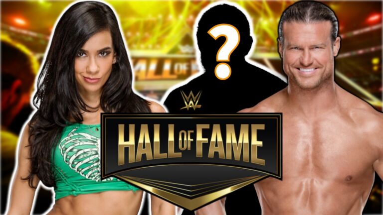 WWE Hall of Fame logo with AJ Lee and Dolph Ziggler/Nic Nemeth