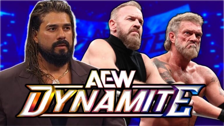 AEW Dynamite logo with Andrade El Idolo and Adam Copeland and Christian Cage