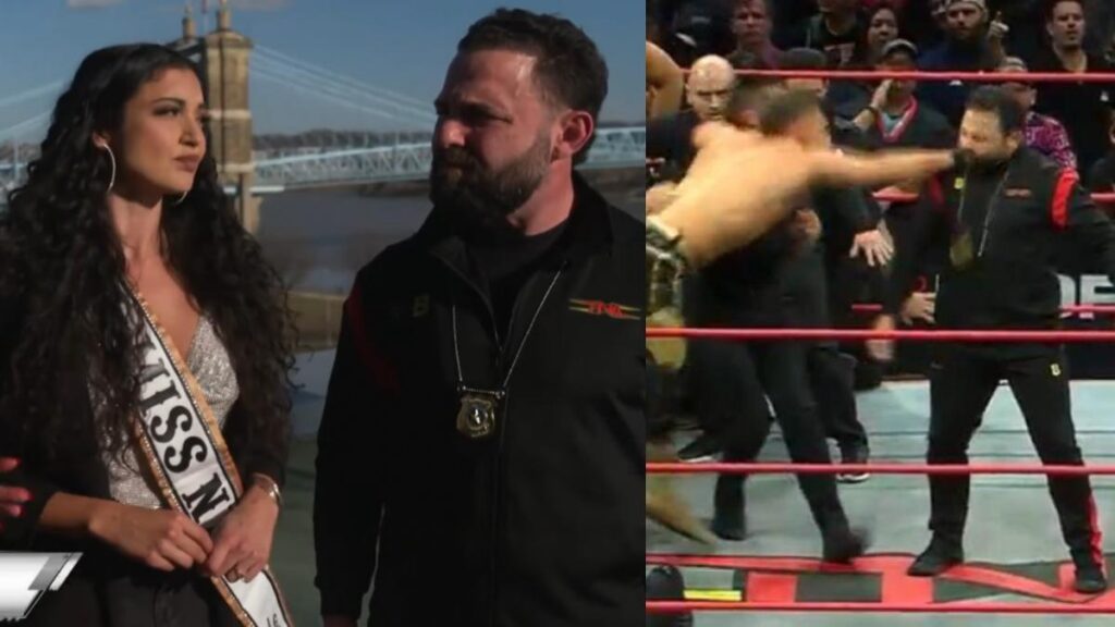 WWE NXT's Arianna Grace and TNA Wrestling's Santino Marella, next to Stacks punching Santino Marella