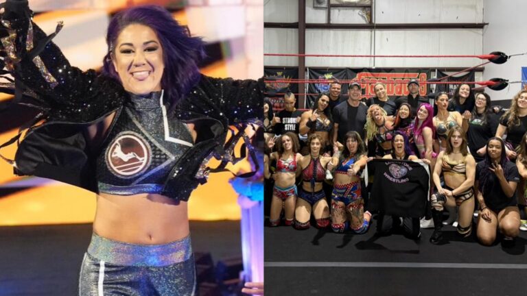 WWE star Bayley next to a photo from her Lodestone training camp