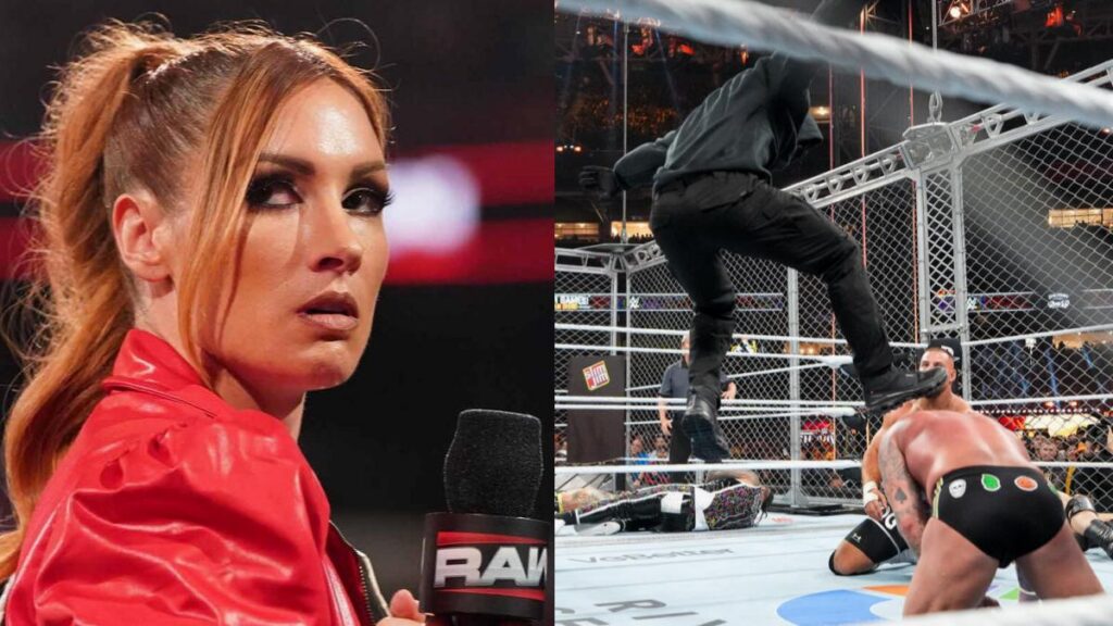 WWE star Becky Lynch next to the mystery assailant at Survivor Series WarGames