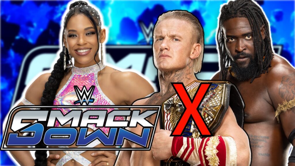 WWE SmackDown logo with Bianca Belair, Ilja Dragunov and Oba Femi