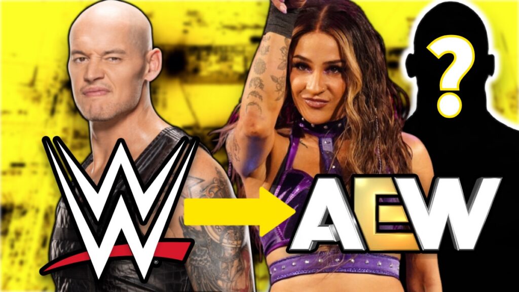 WWE and AEW logos with Dakota Kai and Bishop Dyer