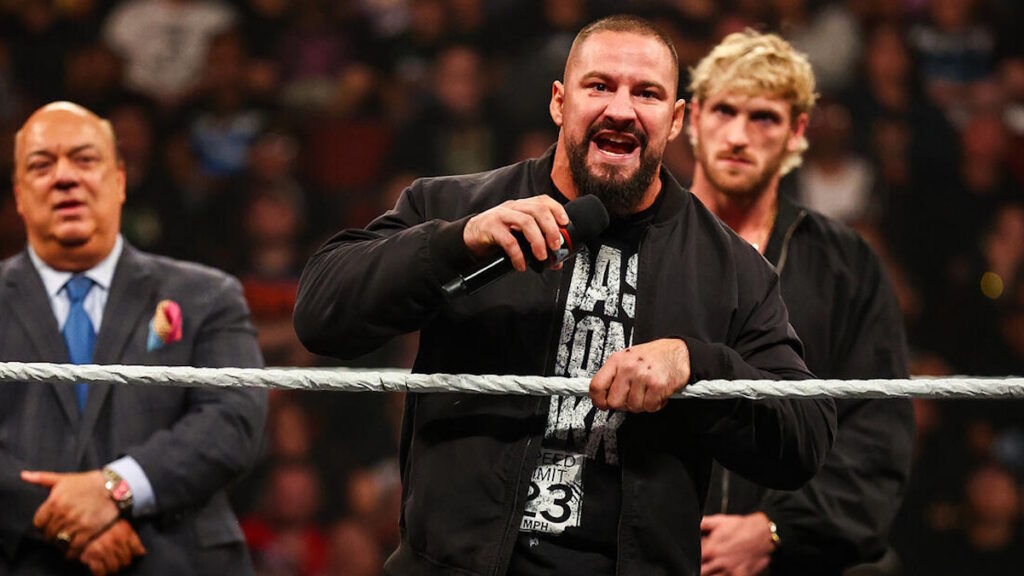 Bron Breakker, with Paul Heyman and Logan Paul on WWE Raw