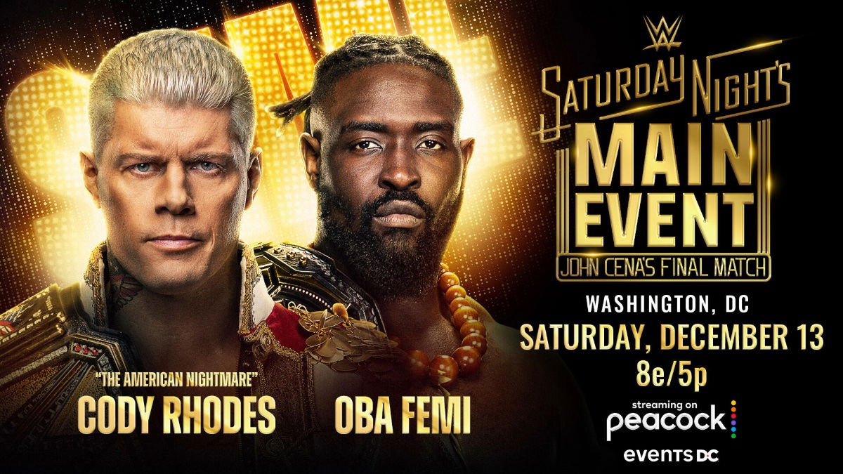 WWE Saturday Night's Main Event poster for Cody Rhodes vs. Oba Femi