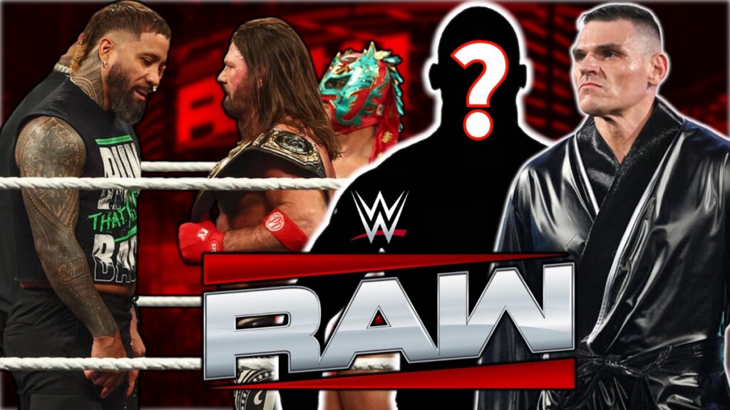 WWE Raw logo with GUNTHER, AJ Styles, Dragon Lee and The Usos
