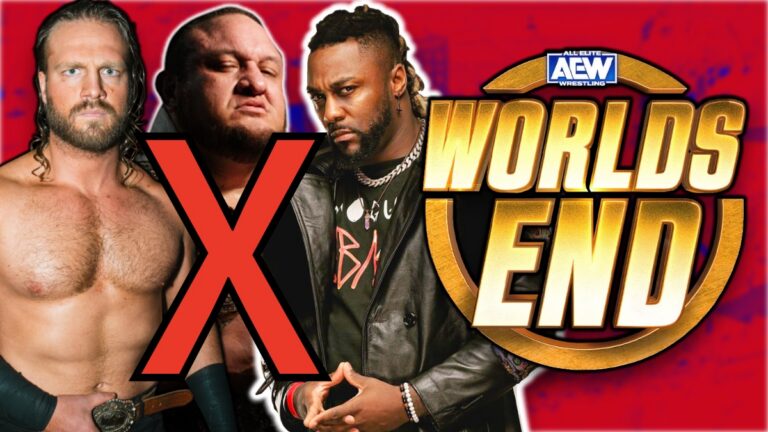 AEW Worlds End logo with Samoa Joe, Hangman Adam Page and Swerve Strickland