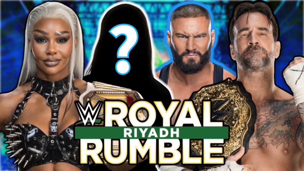 WWE Royal Rumble logo with CM Punk, Jade Cargill and Bron Breakker