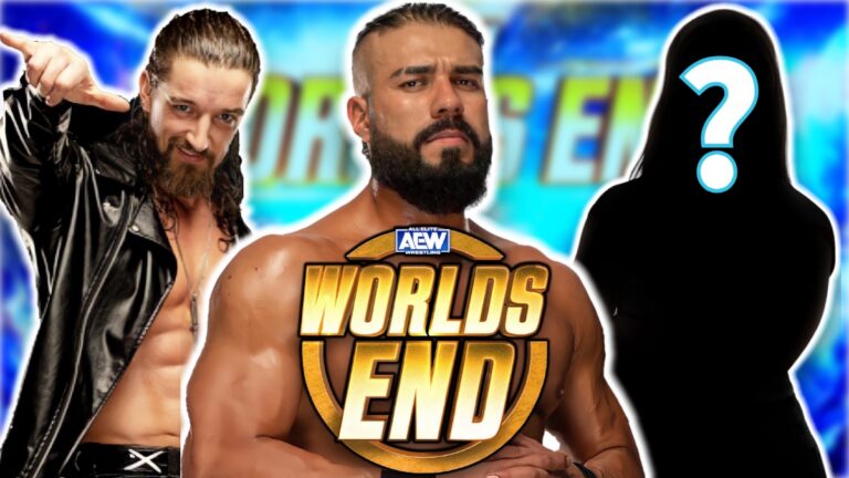 AEW Worlds End logo with Andrade El Idolo and Jay White