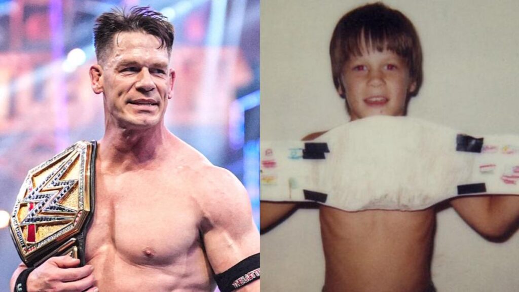 WWE star John Cena next to the childhood photo of him holding a paper belt