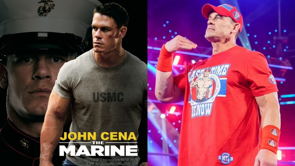 WWE's John Cena alongside a poster for The Marine