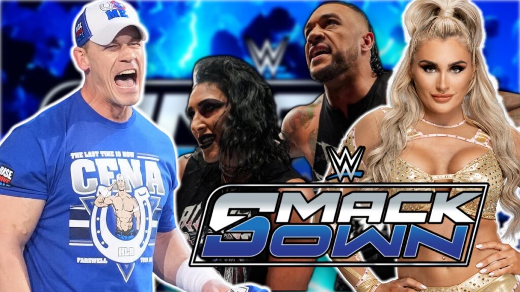 WWE SmackDown logo with John Cena, Rhea Ripley, Damian Priest and Tiffany Stratton