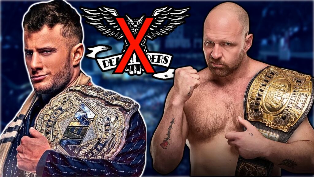 AEW's MJF and Jon Moxley with a scored out Death Riders logo