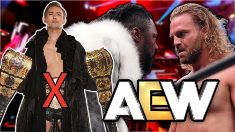 AEW logo with Kazuchika Okada, Hangman Page and Swerve Strickland