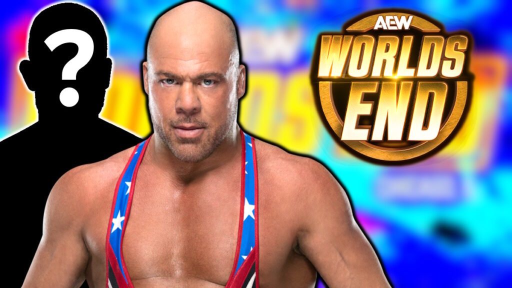 WWE legend Kurt Angle and AEW Worlds End logo