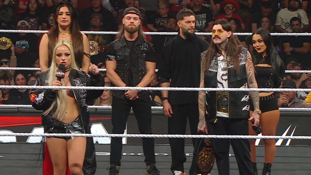 WWE Judgment Day faction Liv Morgan, Raquel, Rodriguez, JD McDonagh, Finn Balor, Dominik Mysterio and Roxanne Perez