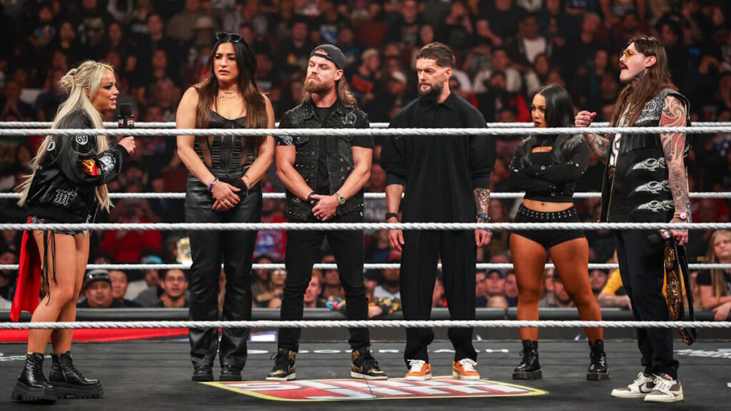 WWE Judgment Day faction Liv Morgan, Raquel, Rodriguez, JD McDonagh, Finn Balor, Dominik Mysterio and Roxanne Perez