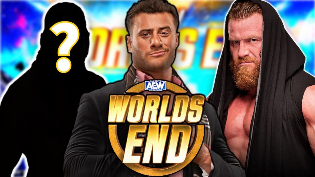 AEW Worlds End logo with MJF and Buddy Matthews