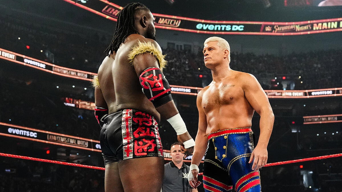 Oba Femi and Cody Rhodes at WWE Saturday Night's Main Event