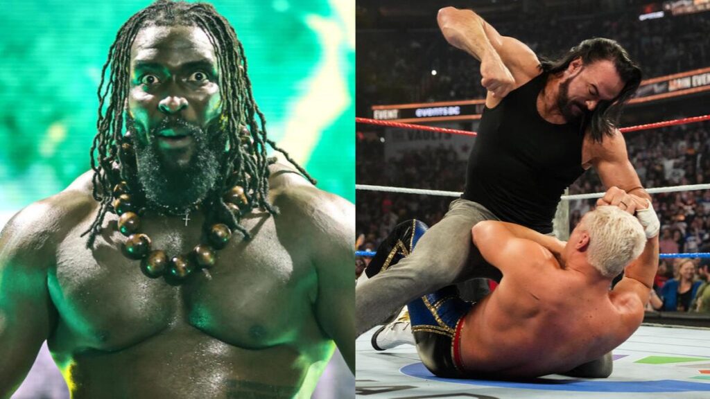 WWE NXT's Oba Femi next to Drew McIntyre punching Cody Rhodes