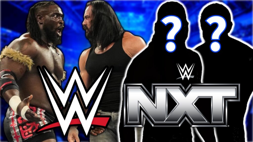 Oba Femi, Drew McIntyre, WWE and NXT logos
