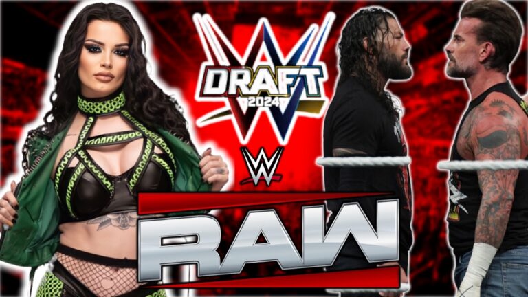 WWE Raw and Draft logos with Paige, CM Punk and Roman Reigns