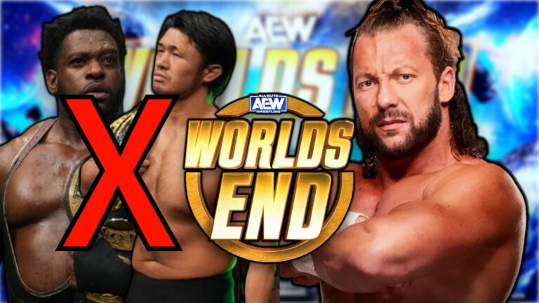 AEW Worlds End logo with Kenny Omega, Powerhouse Hobbs and Katsuyori Shibata