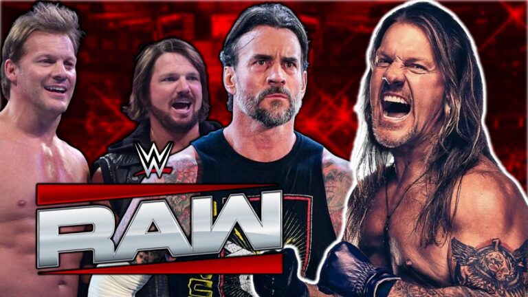 WWE Raw logo with CM Punk, AJ Styles and Chris Jericho