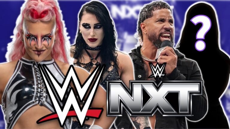 WWE and NXT logos with Rhea Ripley and Jey Uso
