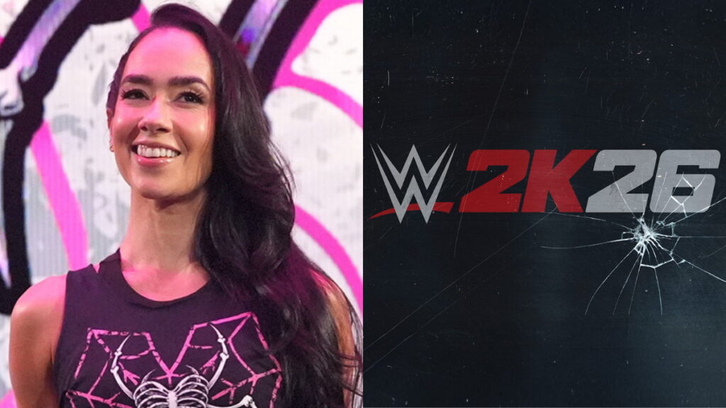 AJ Lee and the WWE 2K26 logo
