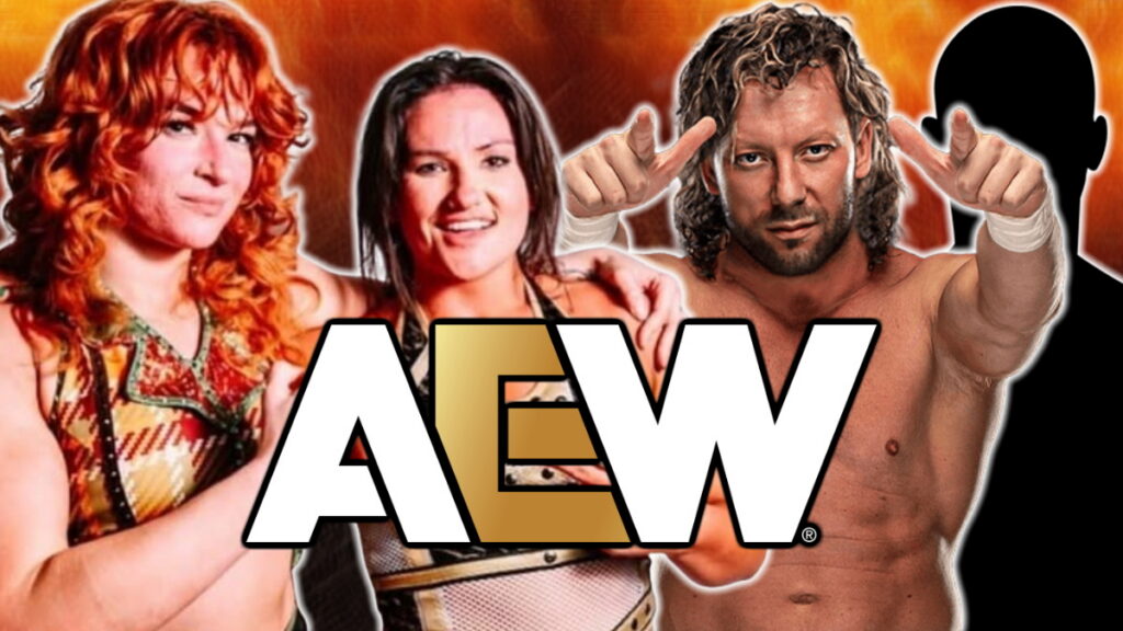 AEW logo with Jamie Hayter, Alex Windsor and Kenny Omega