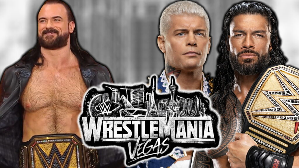 WWE WrestleMania 42 logo with Cody Rhodes, Roman Reigns and Drew McIntyre