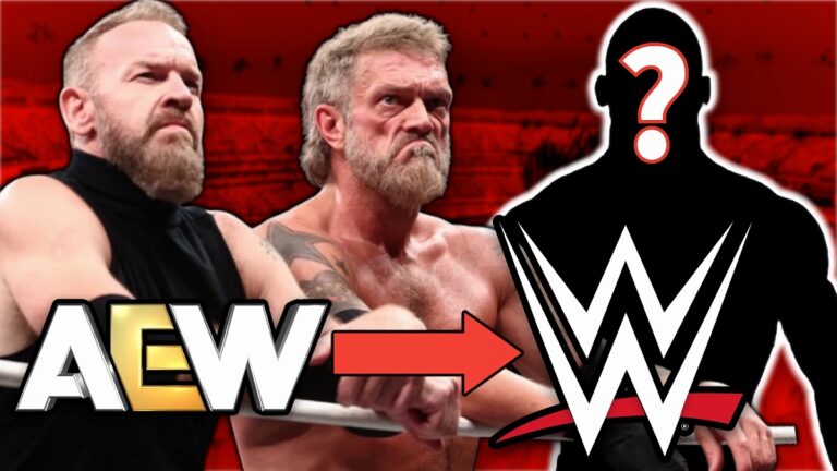 AEW and WWE logos with Adam Copeland and Christian Cage