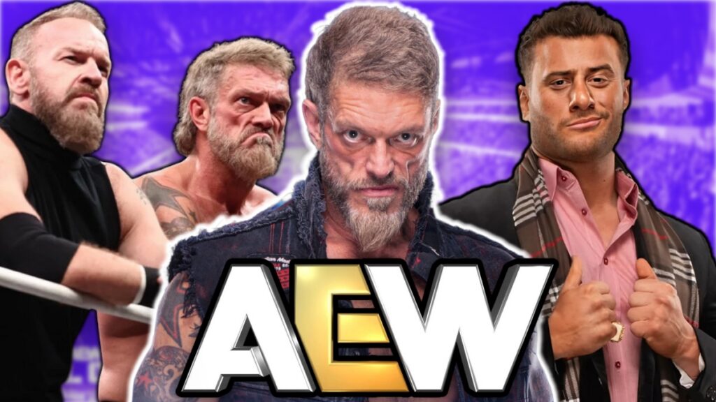 AEW logo with Adam Copeland, Christian Cage and MJF