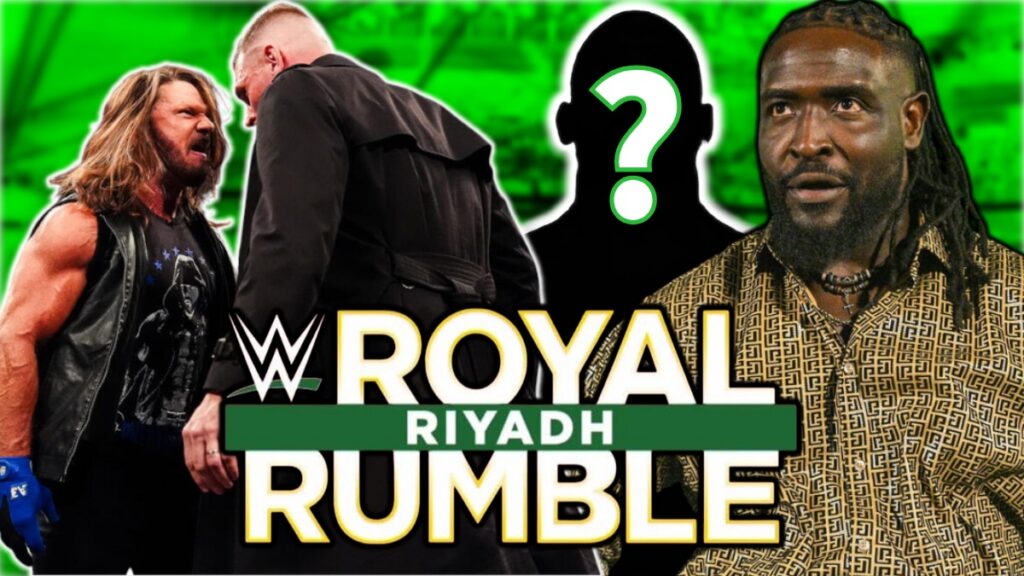 WWE Royal Rumble logo with Oba Femi, AJ Styles and GUNTHER