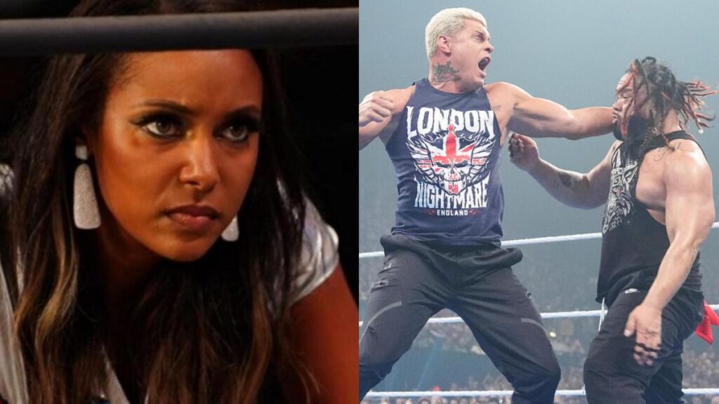 Brandi Rhodes next to WWE stars Cody Rhodes and Jacob Fatu